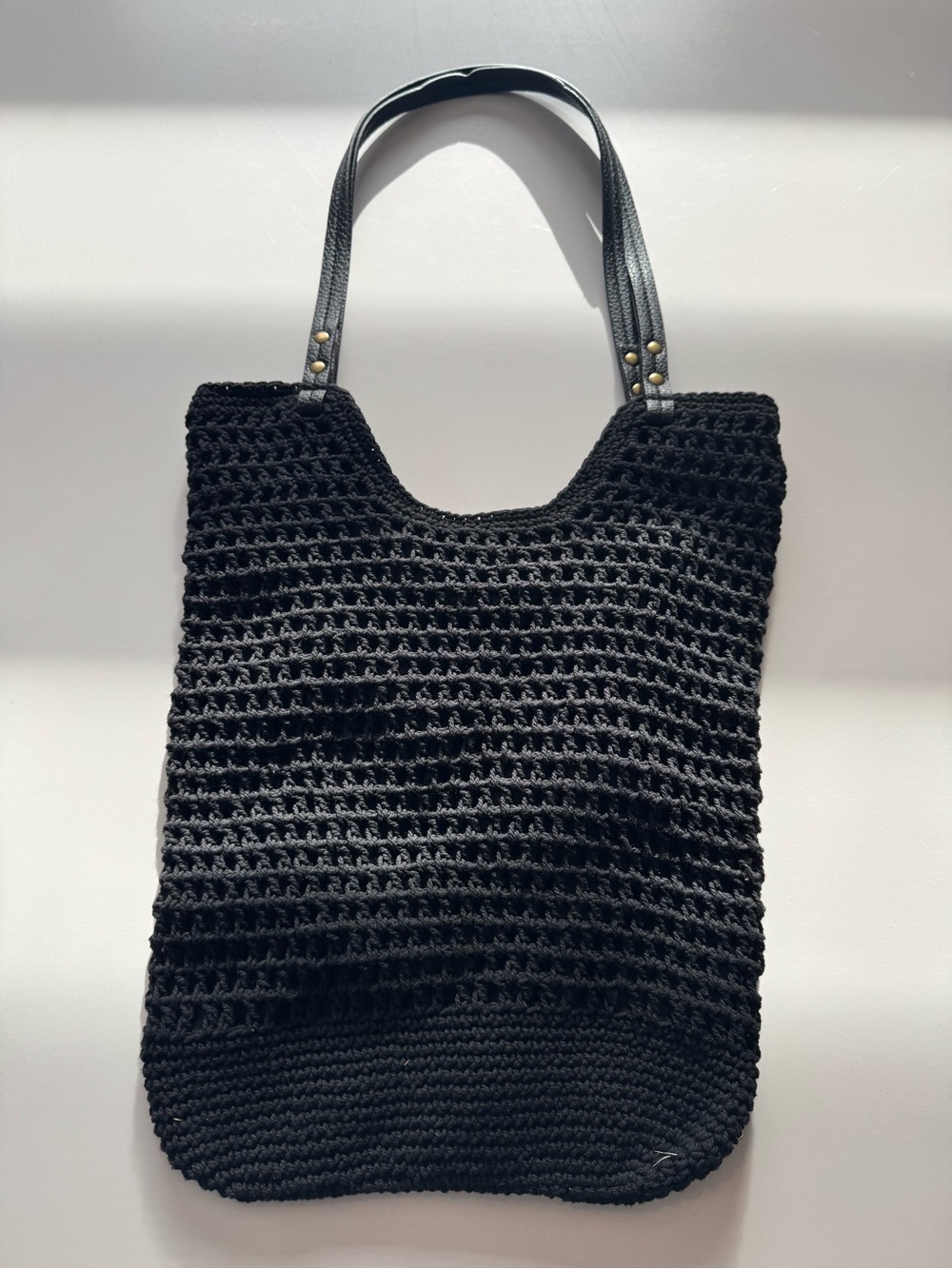 GAP Black Crochet Tote Bag with Leather Handles